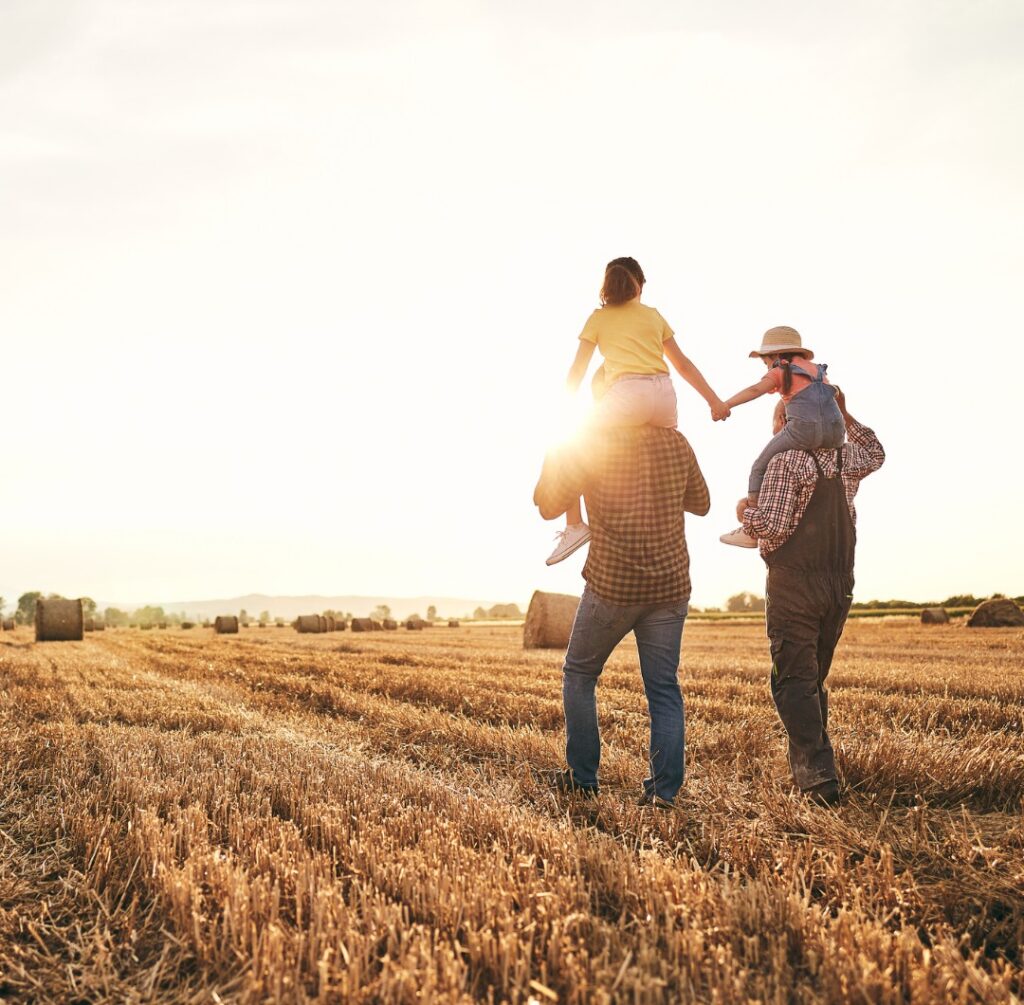 father-and-grandfather-carrying-young-sisters-on-their-shoulders-through-a-harvested-wheat