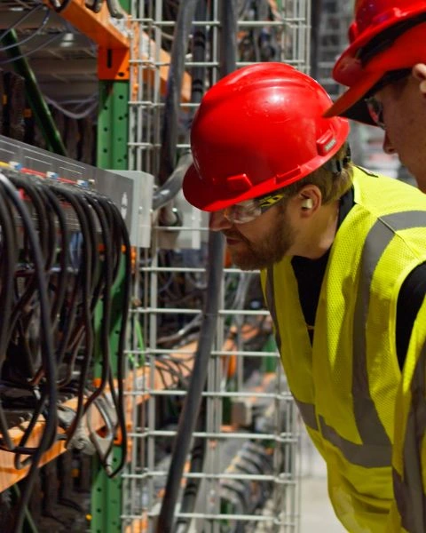 Two engineers working in a data center.